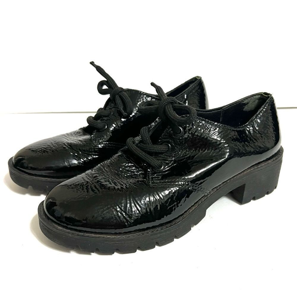 Botter Black Chunky Patent Leather Lace Up Lug Sole Loafers Size 6